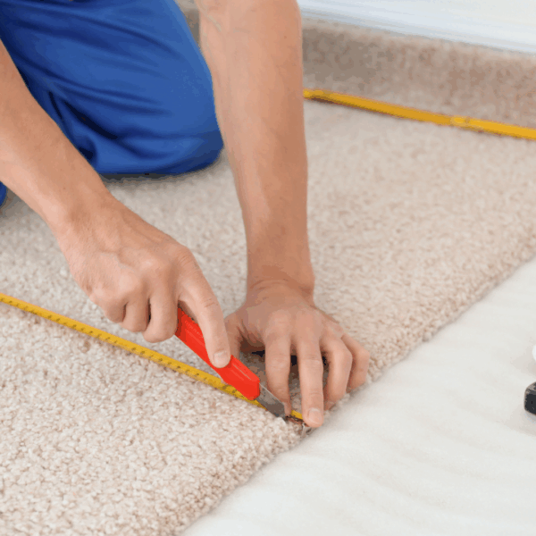 Person cutting carpet with a utility knife while measuring with a tape measure