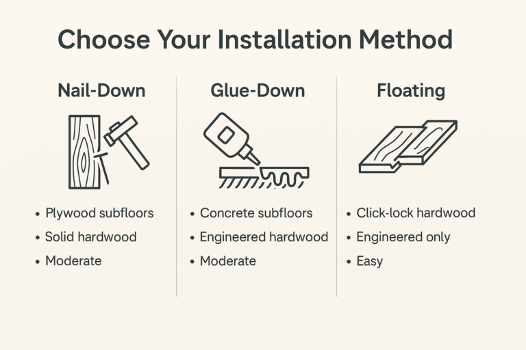 Illustration depicting three methods of flooring installation: Nail-Down, Glue-Down, and Floating.